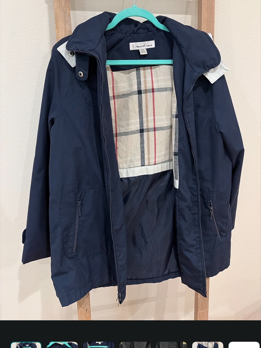 1 Madison Navy Lightweight Hooded Jacket with Plaid Lining